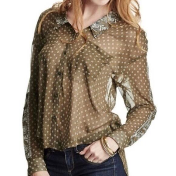FREE PEOPLE Easy Rider Army Olive Green Boho Sheer Pattern Blouse Top - Small - Picture 2 of 7
